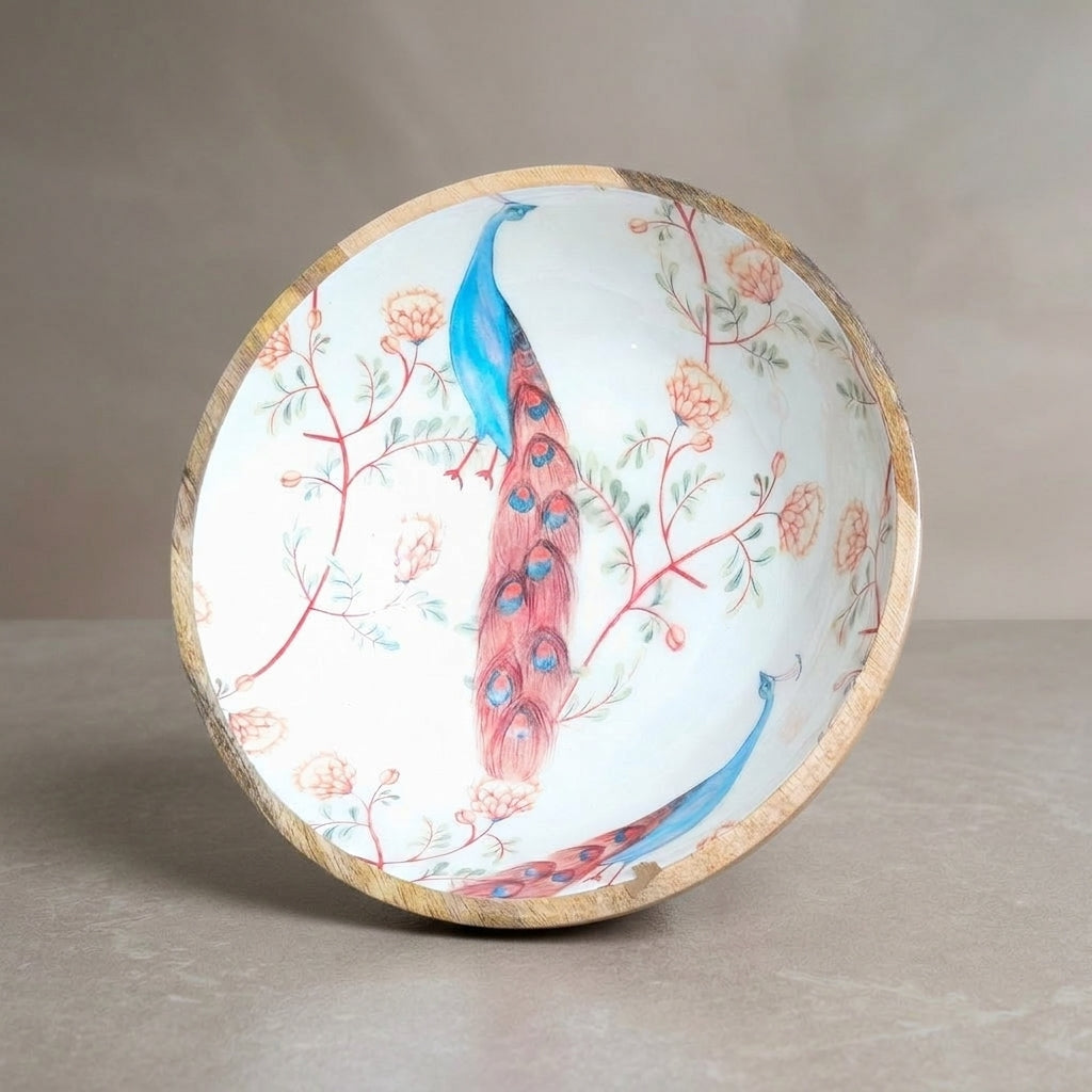 WB-1 Peacock and Floral Design Wooden Round Bowl